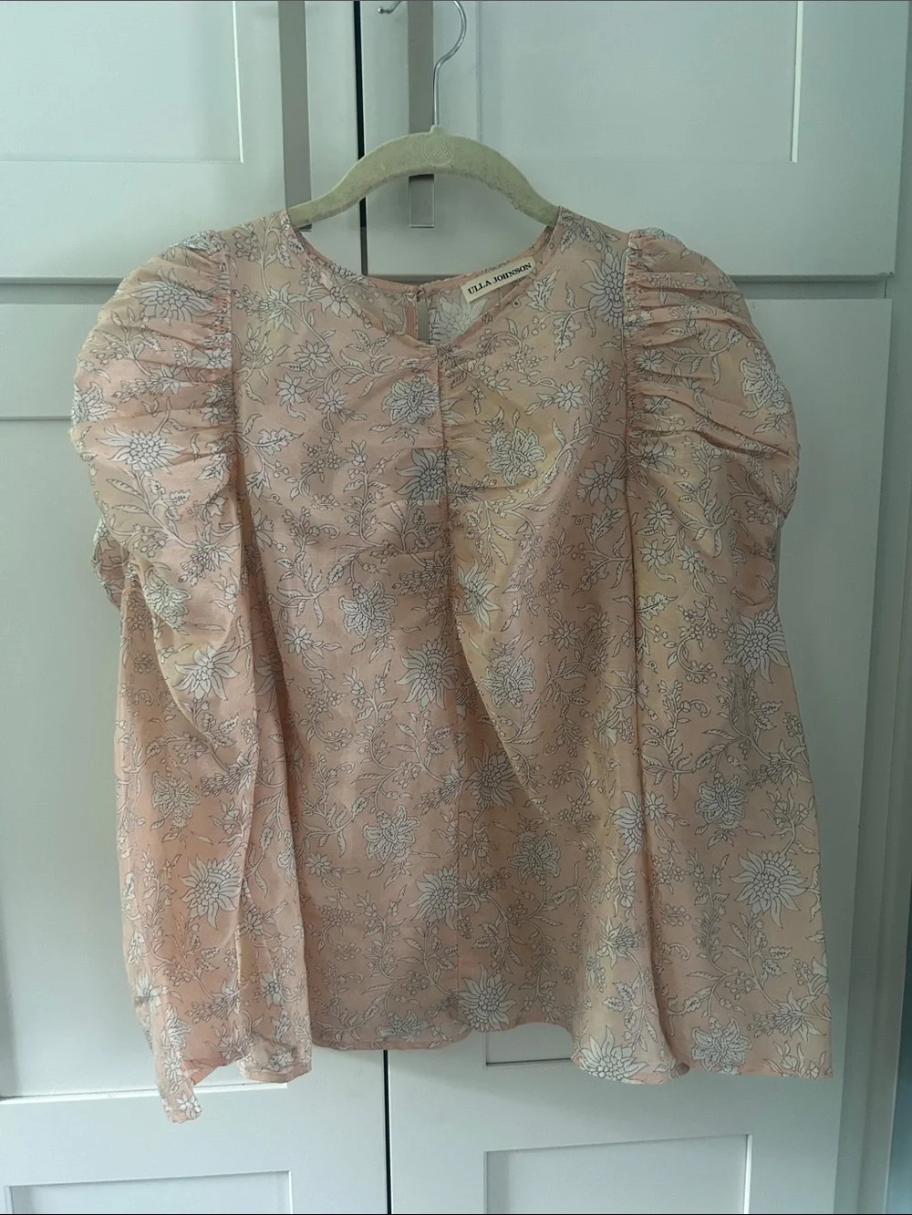 Ulla Johnson Peach-Pink Floral Puff-Sleeve Blouse